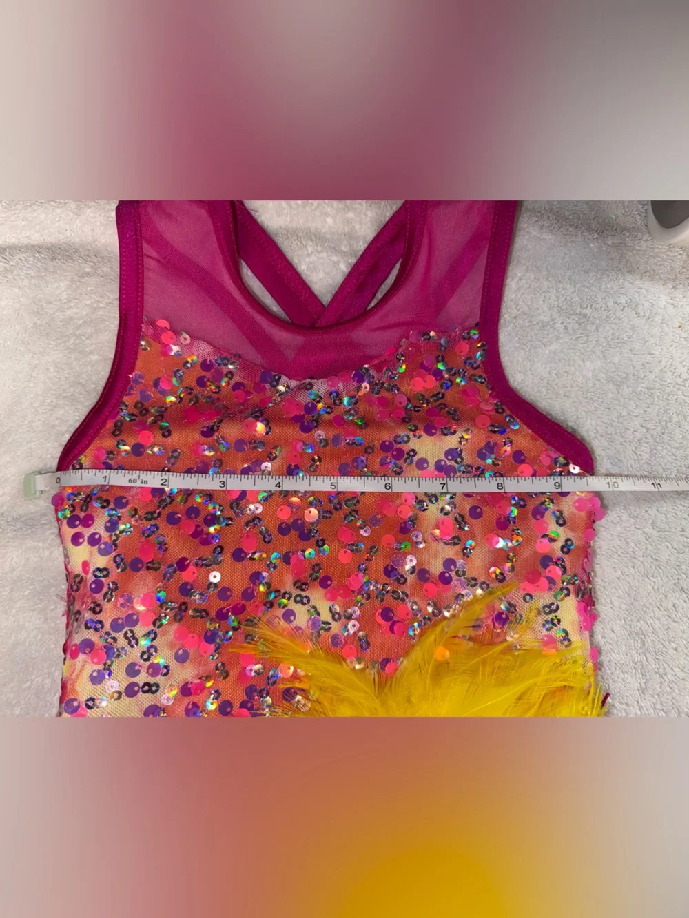 Weissman fuchsia and yellow sequin fringe dance costume
